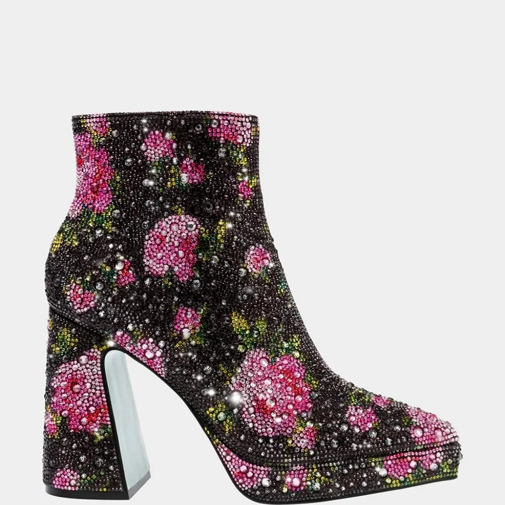 NEW BETSEY JOHNSON Delia Rhinestone Floral Booties Black/Pink 367tn - Picture 9 of 12